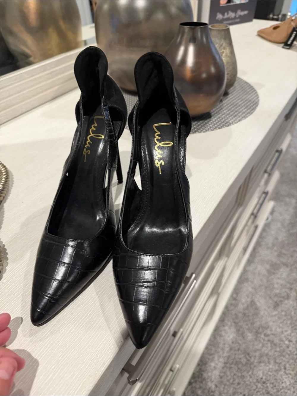 Lulu's Black Croc-Embossed Pointed-Toe Slingback Stiletto Heels
